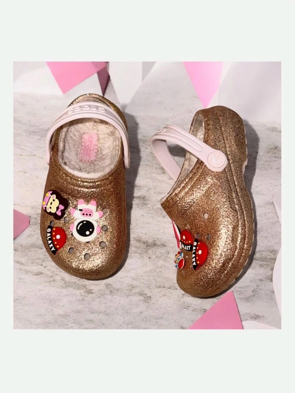 CROCS Disney jibits FUR lined Rose Gold GLITTER girl’s sandals shoes size 10